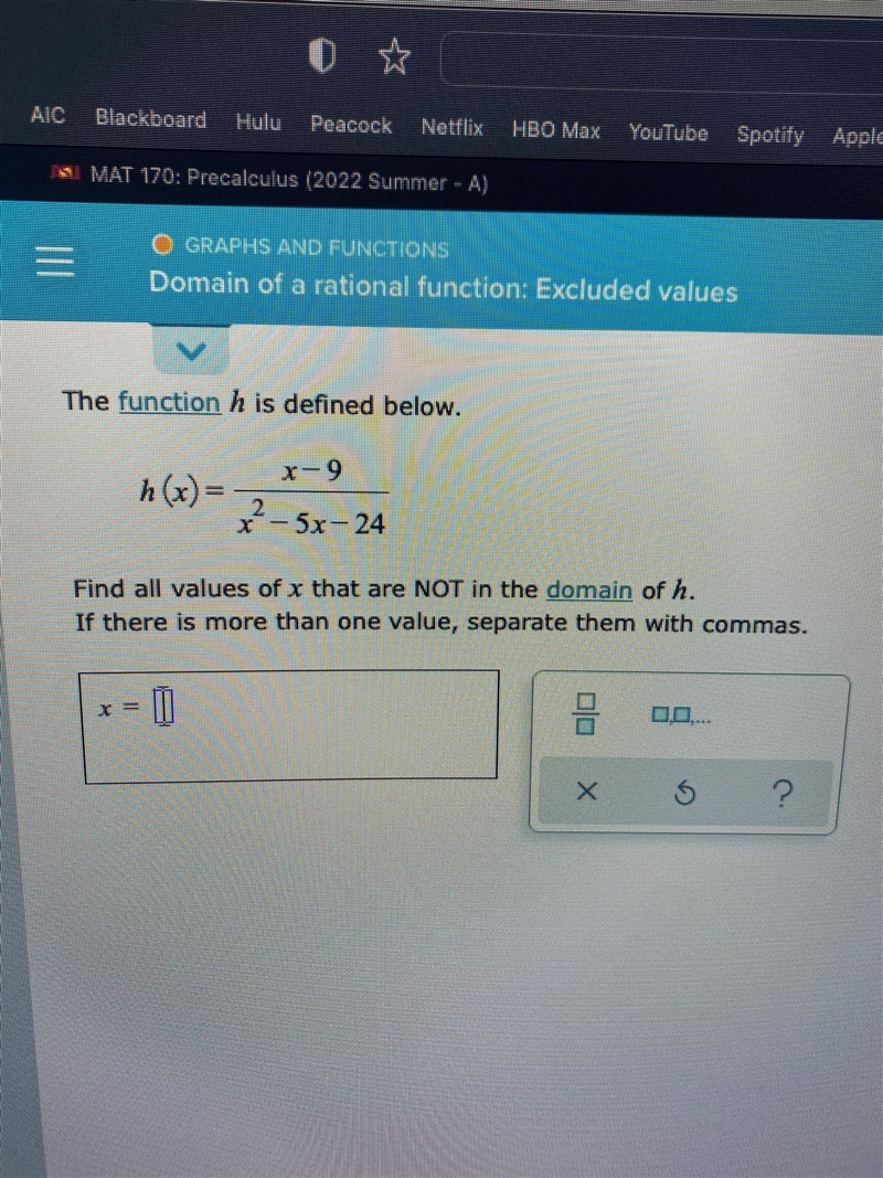 The function h is defined below.x-9h(x)=2x - 5x- 24Find all values of x that are NOT-example-1