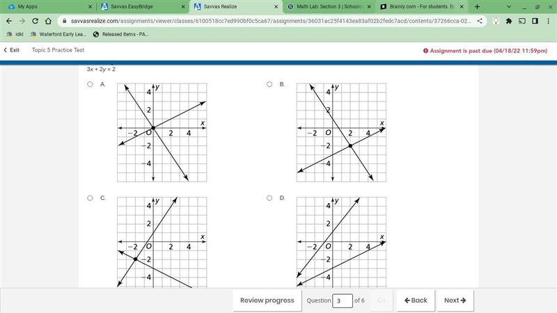 Choose the graph that shows this system of equations.y = –3 + 1/2x3x + 2y = 2-example-1