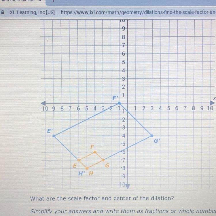 Can you help me solve the scale factor and center or dilation but simplified them-example-1