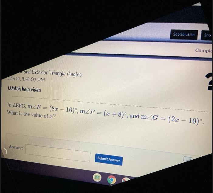 In A/EFG, MZE = (8x – 16)", mZF = (x + 8)°, and m2 = (2x – 10°.)mZGWhat is the-example-1