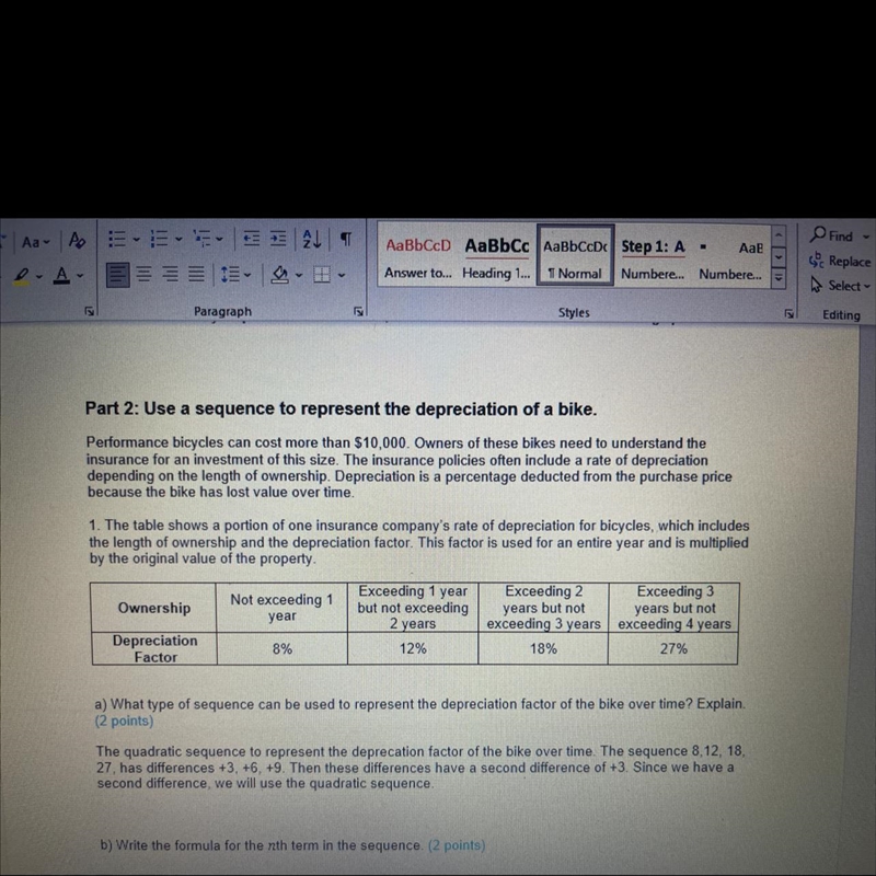 Part 2: Use a sequence to represent the depreciation of a bike. Performance bicycles-example-1