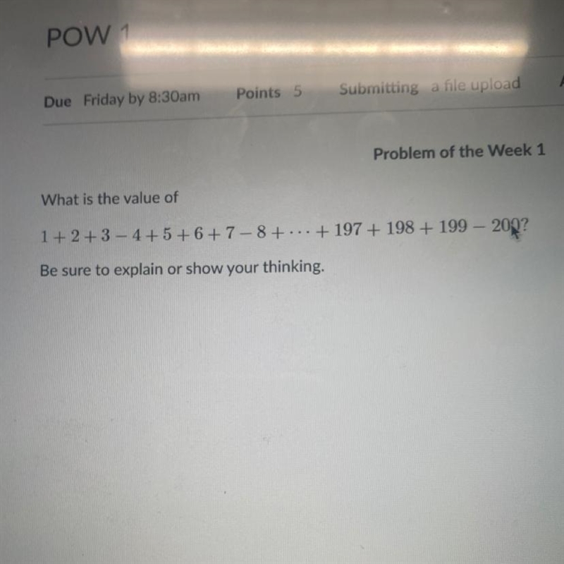 What is the value of 1 +2 +3-4 +5 +6 +7-8 +…+197 + 198 +199-200? EXPLAIN OR SHOW YOUR-example-1