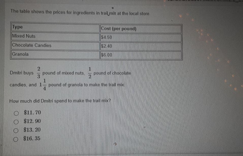 The table shows the prices for ingredients in trail nilx at the local store. Type-example-1