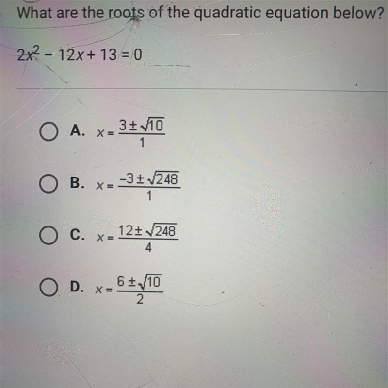 What are the roots of the quadratic equation below? 2x2 - 12x + 13 = 0-example-1