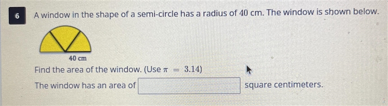 A window in the shape of a semi-circle has a radius of 40 cm. The window is shown-example-1