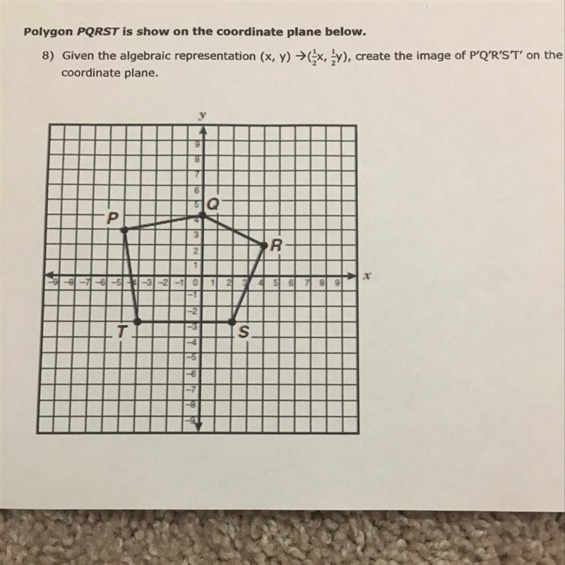 Polygon PQRST is show on the coordinate plane below.8) Given the algebraic representation-example-1