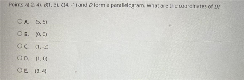 Points A(-2, 4). B(1.3), C(4, -1) and D form a parallelogram. What are the coordinates-example-1