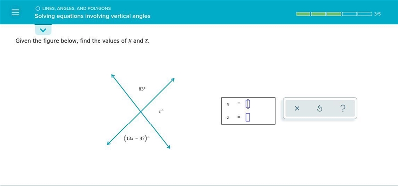 Pls help me Given the figure below, find the values of x and z.-example-1