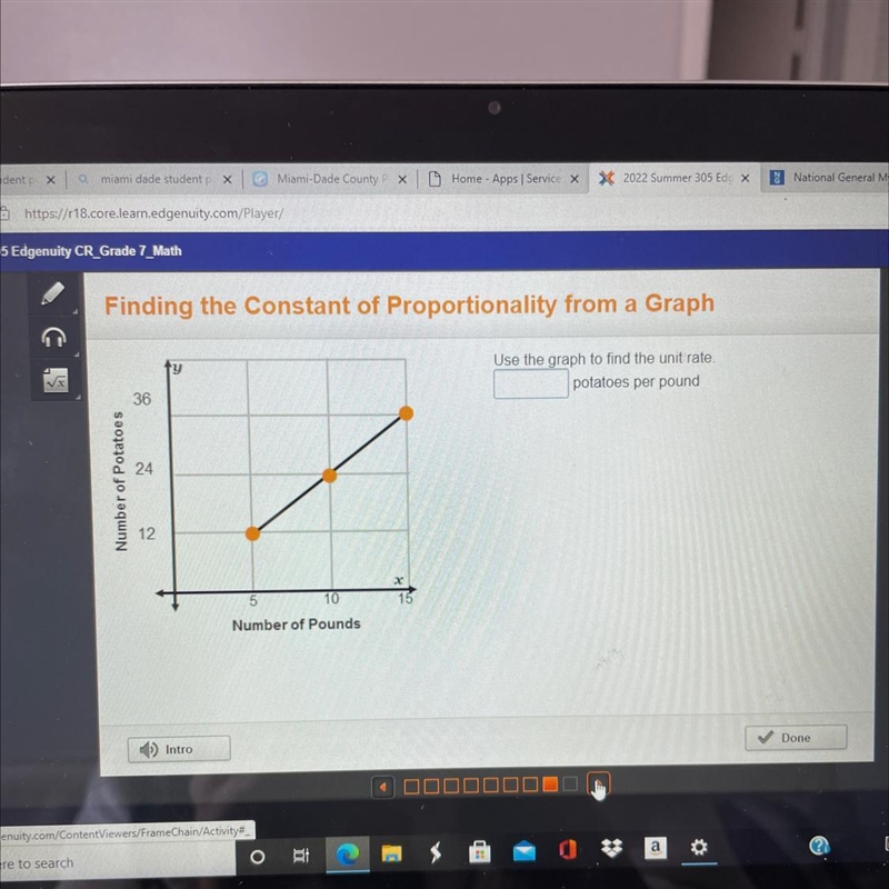 Number of Potatoes 36 24 12 5 10 Number of Pounds x 15 Use the graph to find the unit-example-1