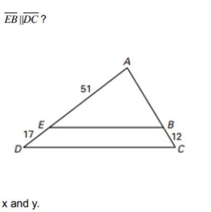 Given the diagram, which value of AB would make EB ||DC? A. 24 B. 34 C. 36 D. 48-example-1