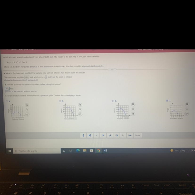 F(x) = -0.1x^2+1.2x+8 what is max height, what is the point of release in which it-example-1