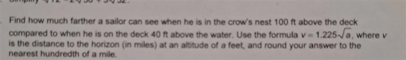 Radicals and Exponents Find how much farther a sailor can see...-example-1