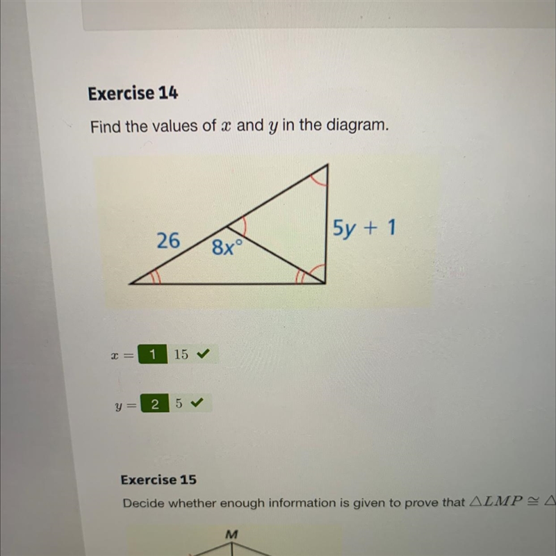 Find the values of x and y in the diagram. We’re doing Exercise number 14 I know how-example-1