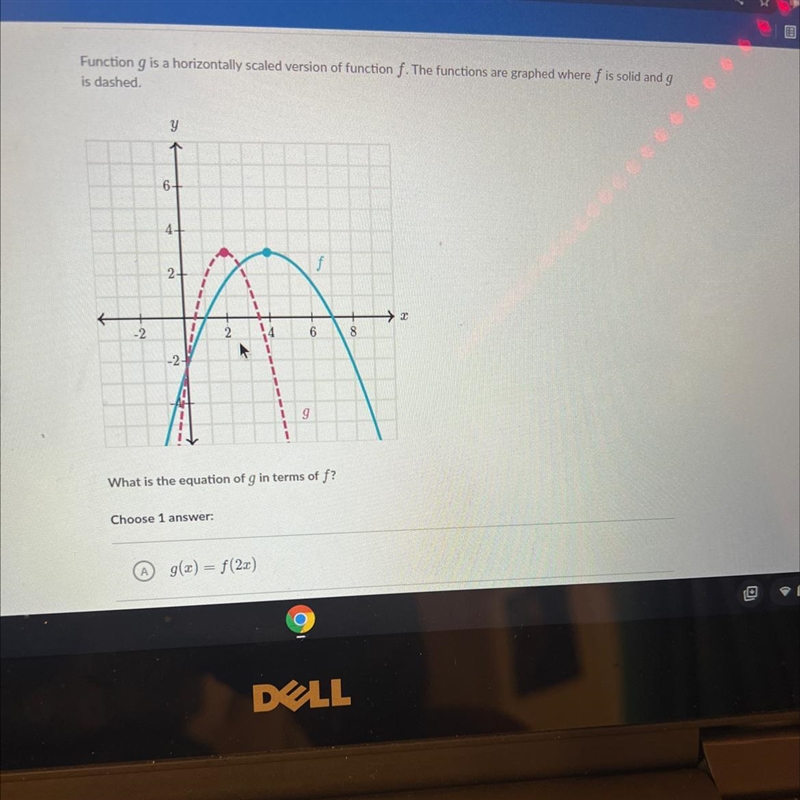 Function g is horizontally scaled version of function f. The functions are graphed-example-1