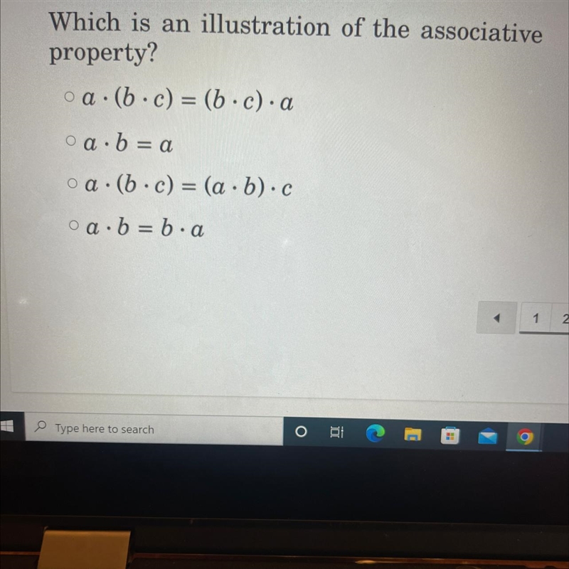 Which is an illustration of the associative property? a. (b.c) = (b.c).a α · b = α a-example-1