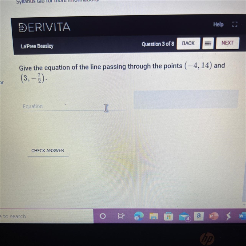 Give the equation of the line passing through the points (-4, 14) and(3,-3).Pls see-example-1