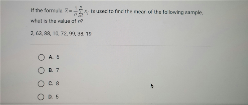 If the formula x=1/n, is used to find the mean of the following sample, what is the-example-1