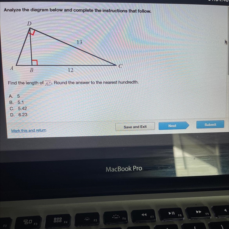 ADA. 5B. 5.1C. 5.42D. 6.231213BFind the length of AD. Round the answer to the nearest-example-1