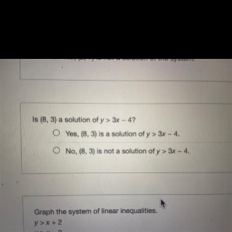 Is (8, 3) a solution of y > 3x - 4?-example-1