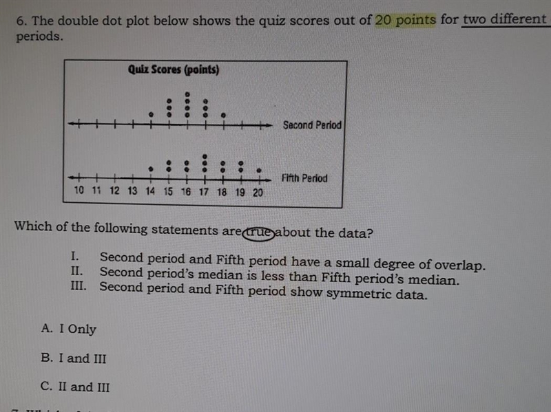 The double dot plot below shows the quiz scores out of 20 points for two different-example-1