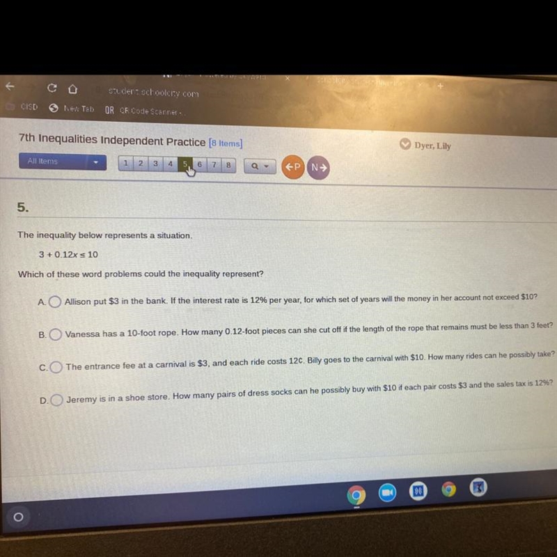 The inequality below represents a situation 3 +0.12% s 10 Which of these word problems-example-1