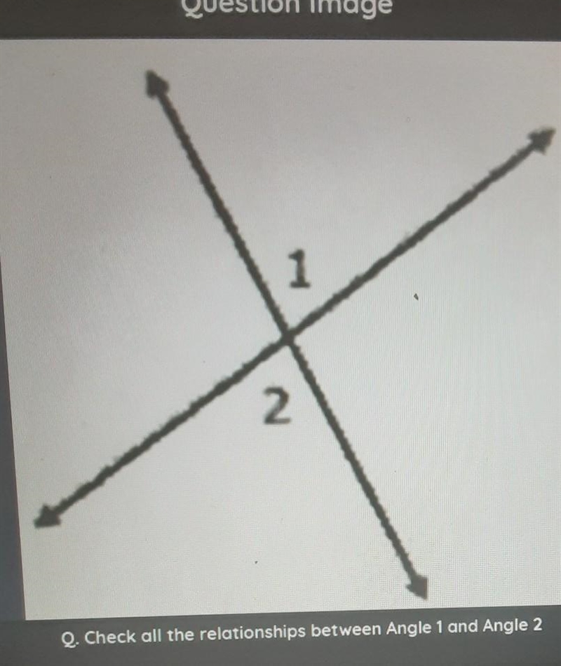 Check all the relationships between Angle 1 and Angle 2?-example-1