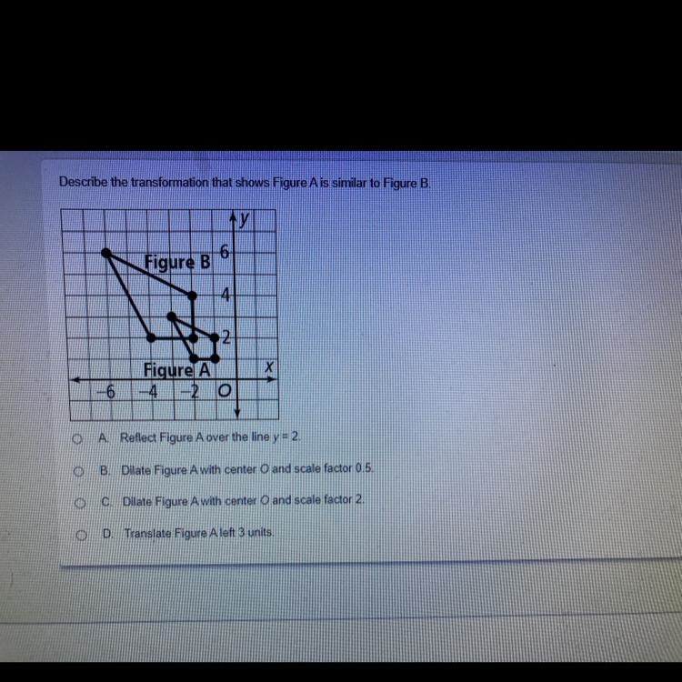 Describe the transformation that shows Figure A is similar to Figure B. PLEASE HELP-example-1