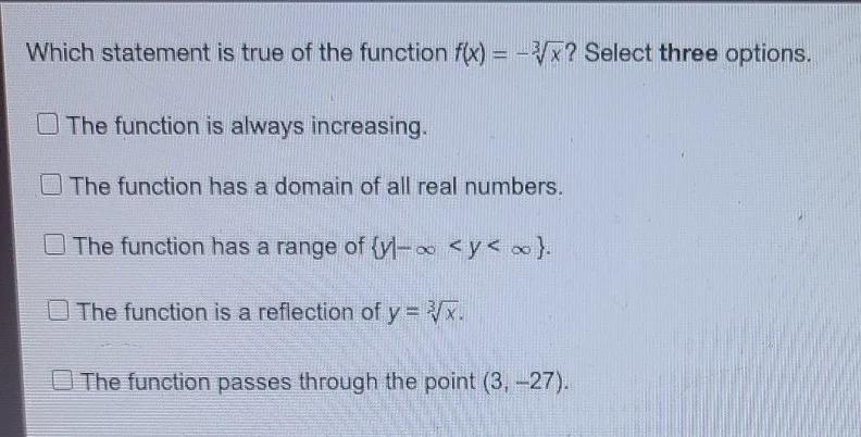 Which statement is true of the function flx) = -3/x? Select three options. The function-example-1