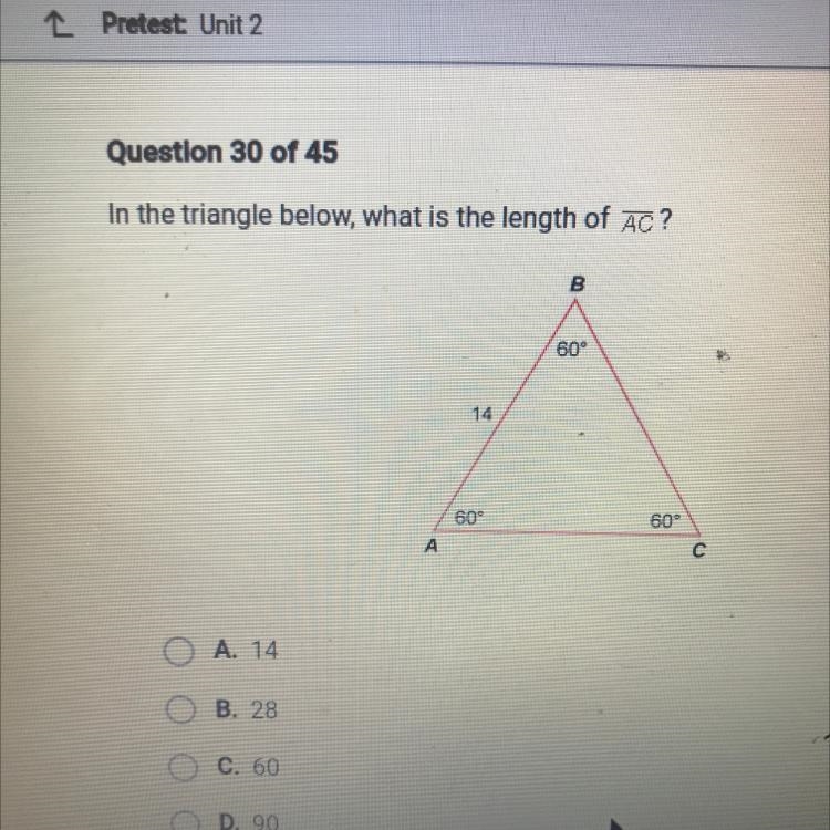 In the triangle below, what is the length of Ac? B 60° 14 60° 60° А с-example-1