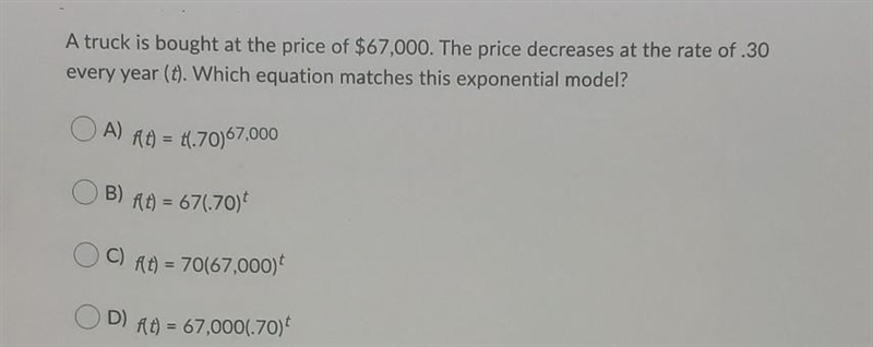 A truck is bought at the price of $67,000. The price decreases at the rate of .30 every-example-1