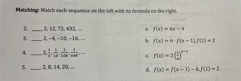 Matching: Match each sequence on the left with its formula on the right.-example-1