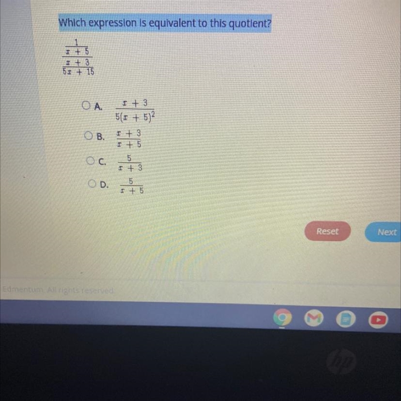 Select the correct answer.Which expression is equivalent to this quotient?+++55 + 15OA-example-1