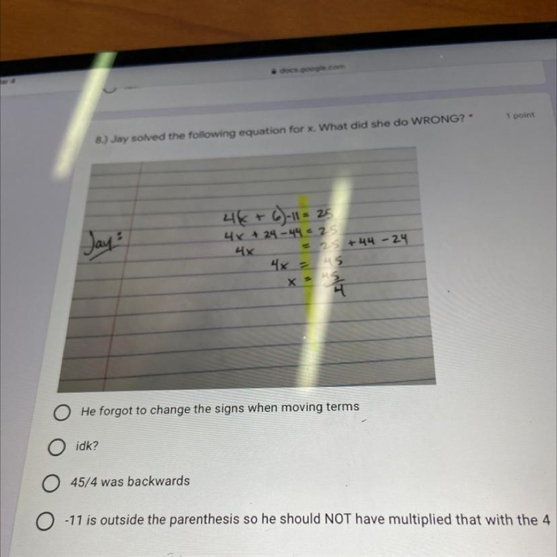 Jay solved the following equation for x what did she do wrong-example-1