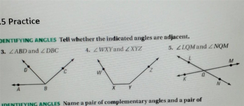 #3-5 identity angles tell whether the indicated angles are adjacent?-example-1