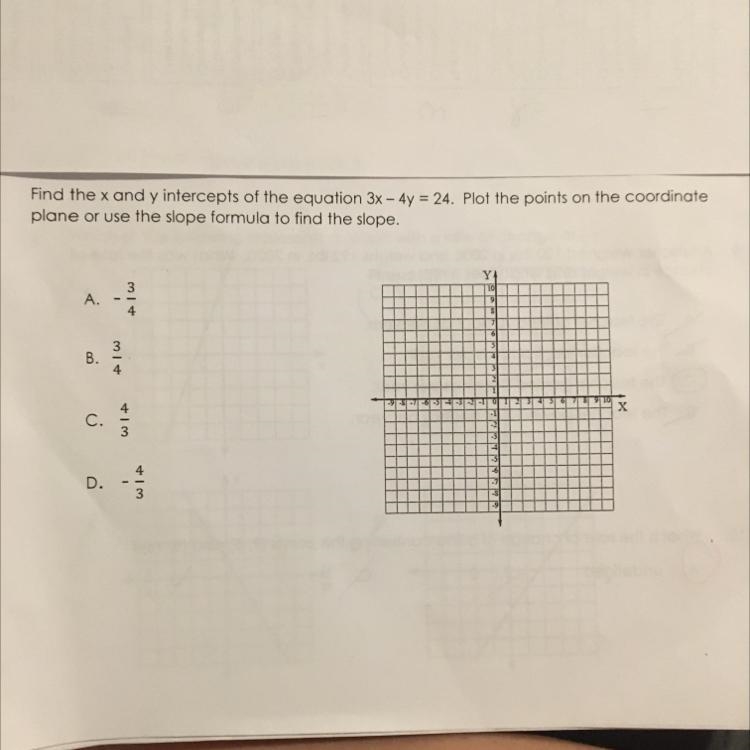 Find the x and y intercepts of the equation 3x - 4y = 24. Plot the points on the coordinateplane-example-1