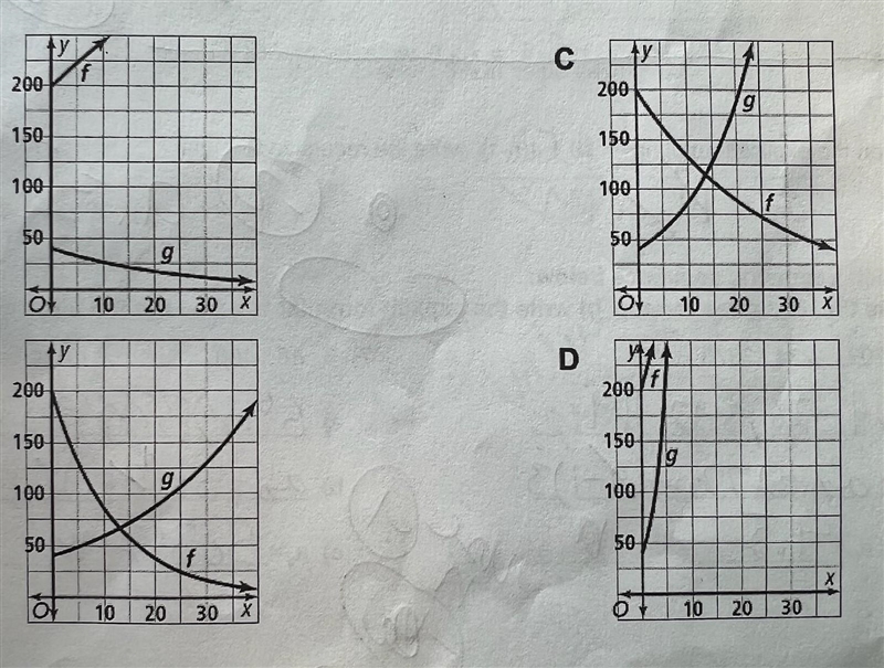 Which graph represents functions f and g? f: Initial value of 200 decreasing at a-example-1