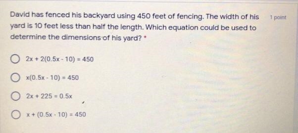 David has fenced his backyard using 450 feet of fencing. The width of hisyard is 10 feet-example-1