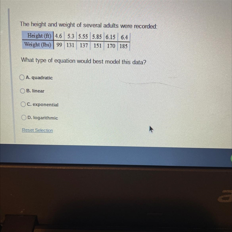 The height and weight of several adults were recorded:Height (ft) 4.6 5.3 5.55 5.85 6.15 6.4Weight-example-1