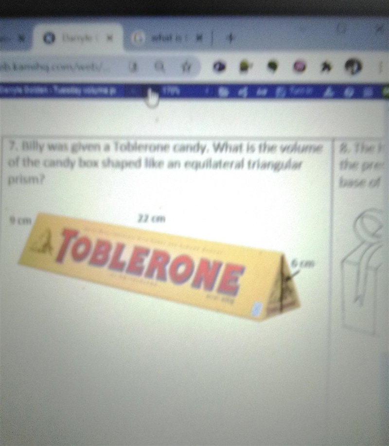 billy was given a Toblerone candy. what is the volume of the candy shaped like and-example-1