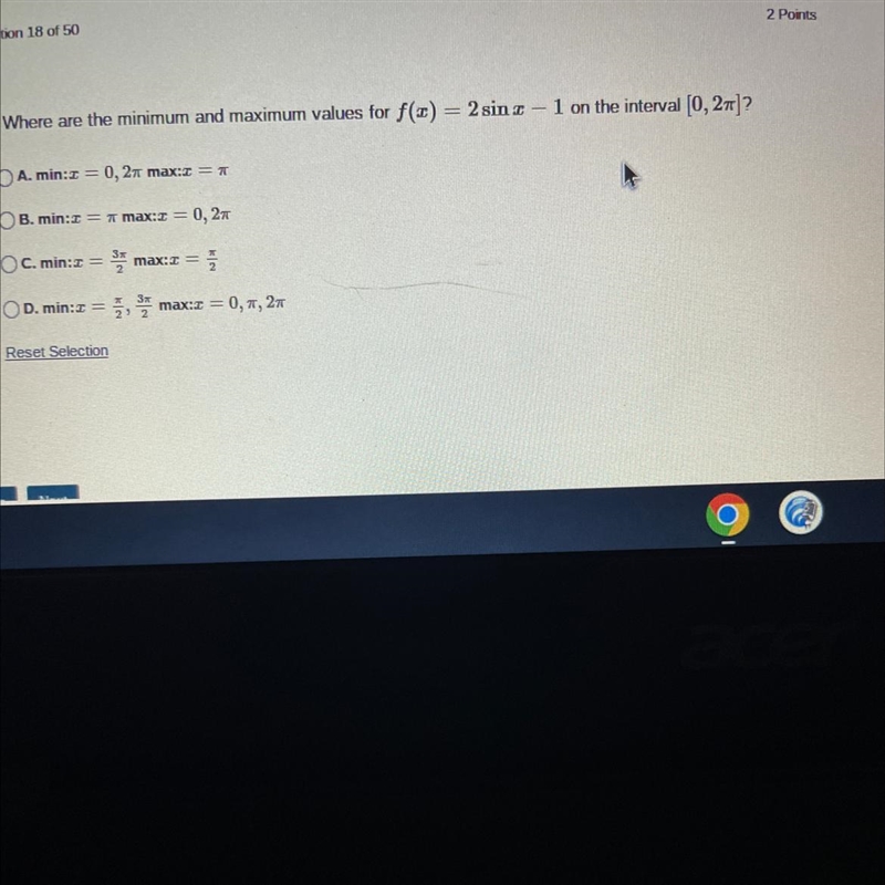 Where are the minimum and maximum values for f(x) = 2 sin x - 1 on the interval [0, 2π]?A-example-1