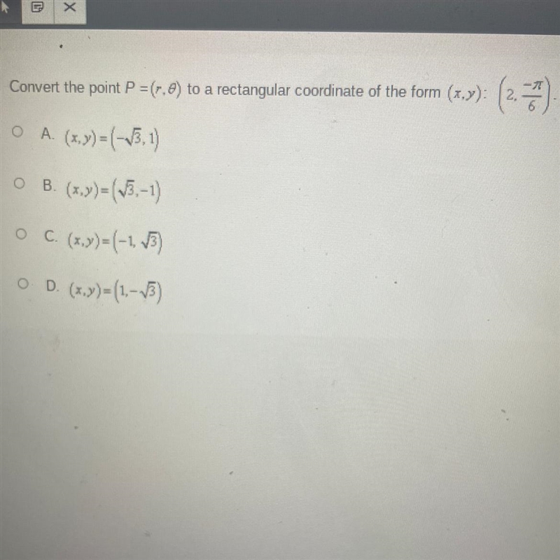 Convert the point P=(r,theta)to a rectangular coordinate of the form (x,y): (2,-pi-example-1