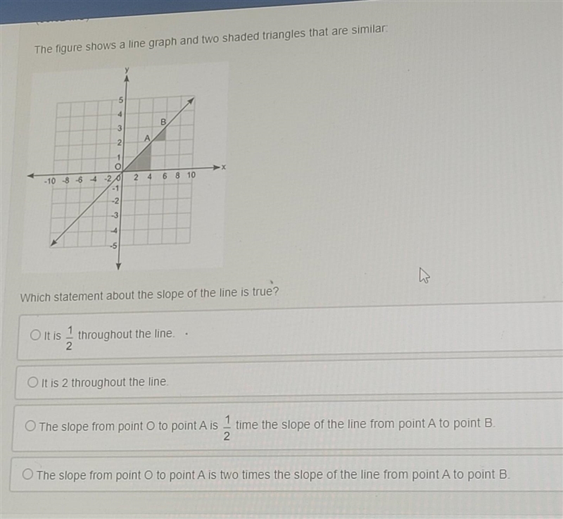 The figure shows a line graph and two shaded triangles that are similar​-example-1