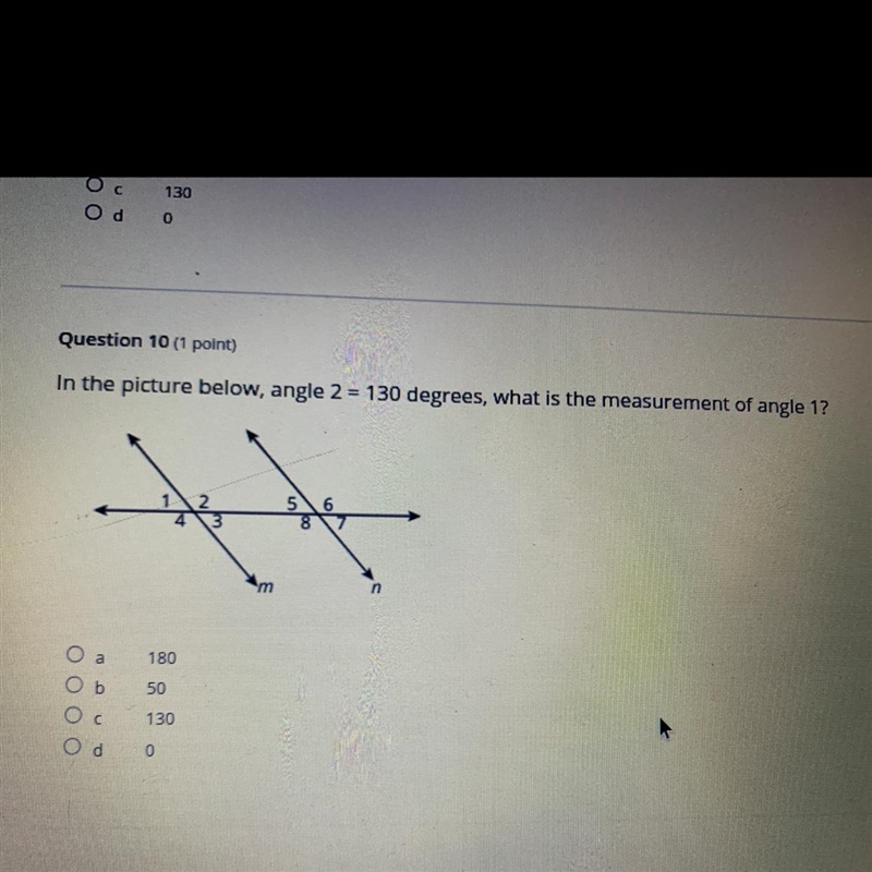 In the picture below, angle 2 = 130 degrees, what is the measurement of angle 1?-example-1