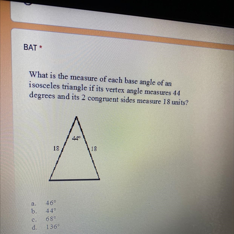 What is the measure of each base angle of an isosceles triangle if the vertex angle-example-1