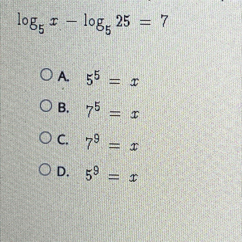 which exponential equation is equivalent to this logarithmic equation?^log 5^x - ^log-example-1