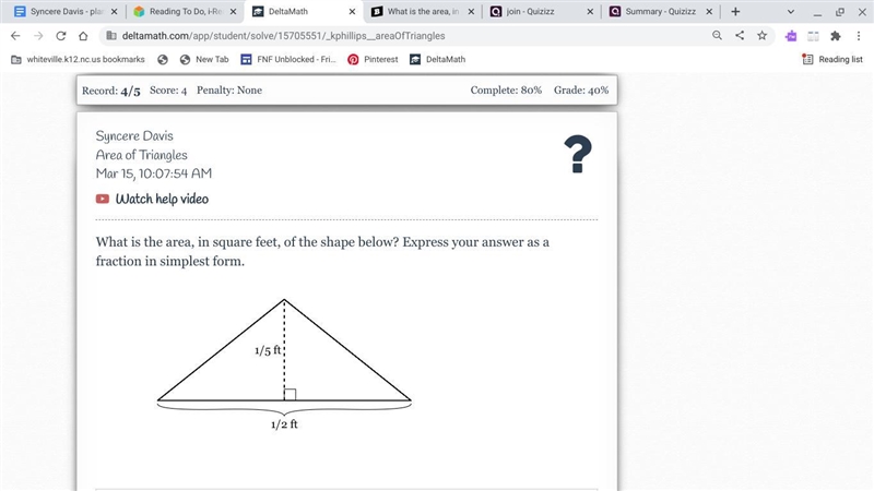 What is the area, in square feet, of the shape below? Express your answer as a fraction-example-1