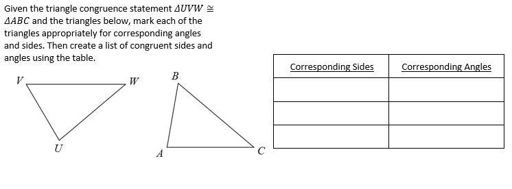 Given the triangle congruence statement ΔUVW≅ΔABC and the triangles below, mark each-example-1