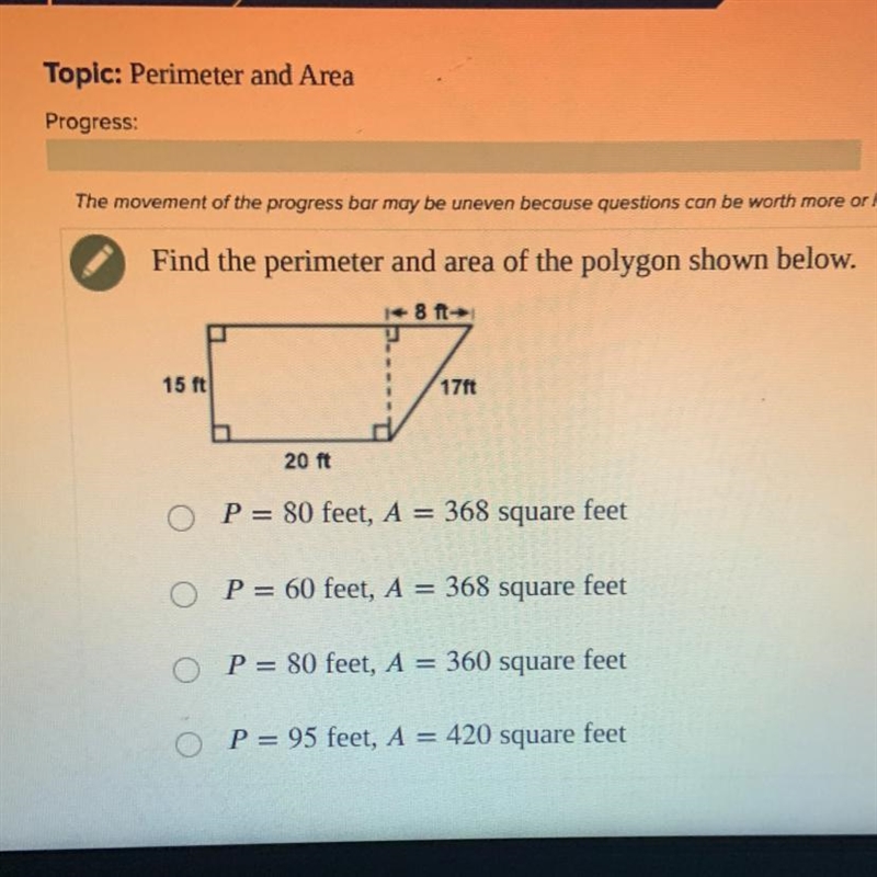 Find the perimeter and area of the polygon shown below.8 ft15 ft17ft20 ft-example-1