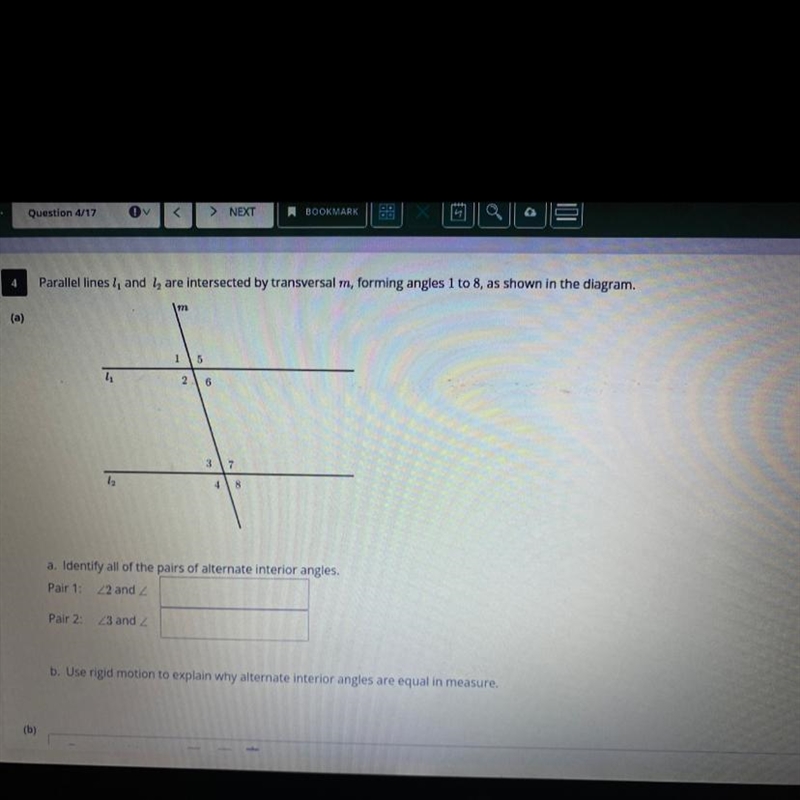 (a) Parallel lines, and I are intersected by transversal m, forming angles 1 to 8, as-example-1