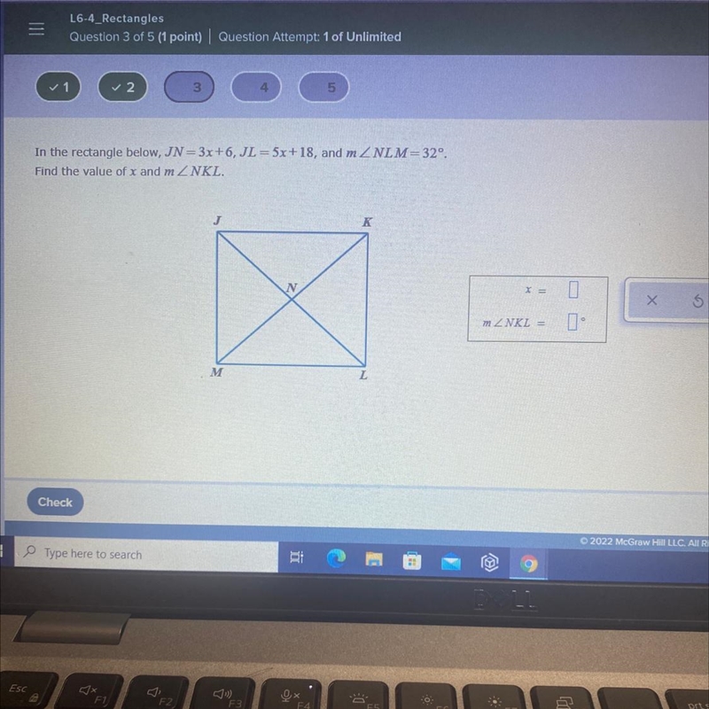 In the rectangle below, JN = 3x+6, JL = 5x + 18, and m Find the value of x and m-example-1